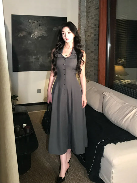 Chic Era Double Collar Waist-Cinching Sophisticated Minimalist Elegant Dress