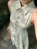 Player old money vibe teal dress with champagne buttons