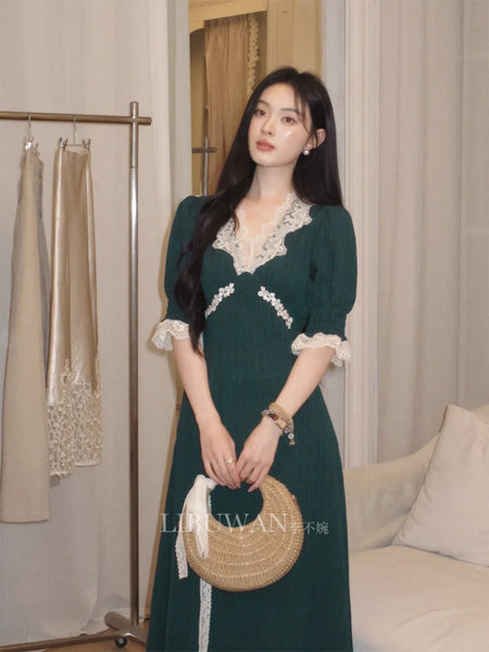 Exquisite Peacock Green Heavyweight Vintage Lace Asymmetrical High-Waist V-Neck Dress