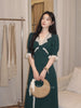 Exquisite Peacock Green Heavyweight Vintage Lace Asymmetrical High-Waist V-Neck Dress