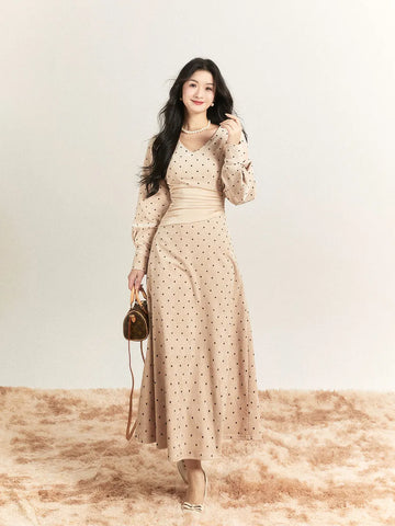 Dignified heroine polka dot extra thick chenille double-sided velvet champagne French romantic vintage dress