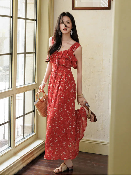 Goddess-level vacation-ready floral dress that flatters slims and exudes elegance