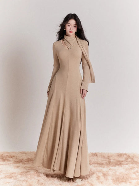 Ballet Teacher Detachable Scarf Pearl Button V-neck Dress Elegant Temperament Slim Fit