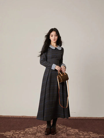 Piano Lesson French Doll Collar Waist-Hugging Mid-Length British Style Dress for Women Autumn