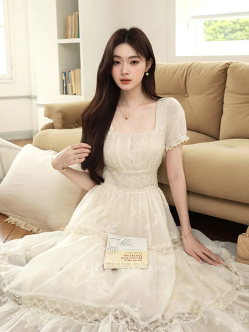 Beauty Law Heavy-duty Lace Patchwork Handmade Flower Waist-cinching Holiday Multi-tier Ruffle Date Dress