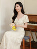 Vacation Afternoon: Exquisite French-Inspired Yellow and White Jacquard Peony Sleeve Dress