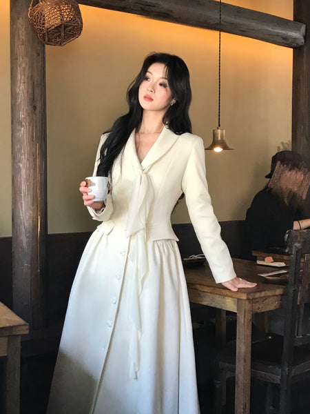 Taiwanese Drama Elegant Suede Waist-Tie Flowy Dress