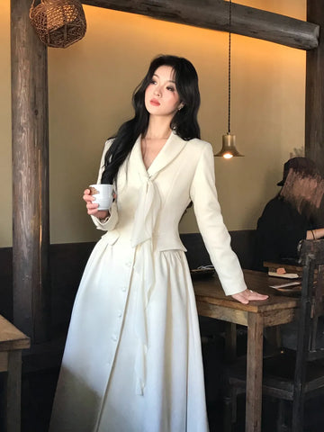 Taiwanese Drama Elegant Suede Waist-Tie Flowy Dress
