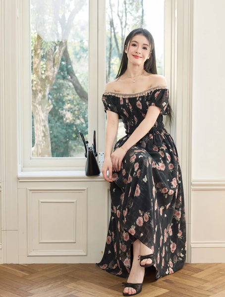 Rose Petite Woman's Charm Date Waist-Cinching A-Line Manor French Retro Floral Dress