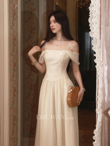 Tahitian Pearl Viscose Jacquard High-Design Sheer Mesh Waist-Cinching Long Dress