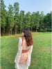 Brick Dirty Dyed Midi Skirt Flower Rain Dew Linen Texture Pleated Layered Waist Cinch Square Shoulder Waistband Dress