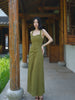 Moss Traces Weaving Jade Skirt Retro Forest Green Square-Neck Slit A-Line Dress with Waist Cinching