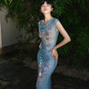 Qingwan Ziyuan Skirt Iris Retro Chinese Style Scoop Neck Slim Fit Jumpsuit + Mermaid Long
