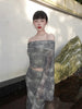 Misty Green Chinese Style One-Shoulder Bell Sleeve Set with Ink Wash Landscape Print