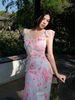 Pink Paper Falling Petals Skirt New Chinese Style Ruffled Floral Waist Mermaid Dress