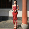 Red Silk Dragon Pattern Skirt Crimson New Chinese Classical Elegant Retro Strapless Waist-hugging Dress