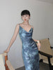 Qing Ji Zhi Yun Skirt Chilly and Touching Fish Sea Blue New Irregular Backless Retro Strap Dress
