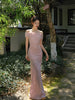 Peach Rhyme Caressing Silk Gown Pink Beauty New Chinese Style Jacquard Elegant One-Shoulder Strapless Dress