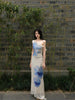 Plain Porcelain Blurred Chiffon Skirt Blue and Purple Peony Flower One-Word Collar Lace Splicing Irregular New Chinese Style Set