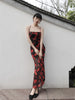 Night Mystique Red Rose Dress New Chinese Style Elegant Floral Retro Strap Backless Long