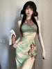 Sunset Oil Painting Skirt New Chinese Style Cheongsam Slit Deconstructed Irregular Tie Backless Dress