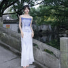 Qingzi Misty Skirt Gradient Purple Dip-Dye Ruffle Neck Tie-Dye Mesh Dress Halter Backless Long