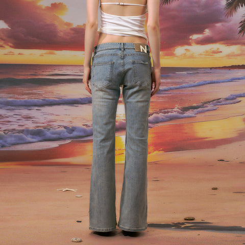 American Light Blue Washed Low-Rise Slim Fit Bootcut Jeans Straight Leg Pants