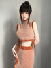 Orange Velvet Set Rope Tie High Neck Vest Irregular Floral Slit Deconstructed Long Dress
