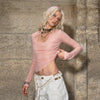 Women's Pink Striped Slouch Neck Long Sleeve Cotton Knit Top Slim Fit Layering T-shirt