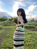 Xiao Juchuan Chestnut/Green Field Set Color-Blocked Retro Irregular Knit Sweater and Skirt