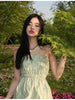 Embossed Green Bustier Dress Yellow-Green Textured Jacquard Nomadic Grassland Fresh Floral Puffed Strap