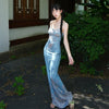 Orchid Vine Moonlit Skirt Classical Rhyme Blue Retro Tie-Dye Island Vacation Style Halter Dress