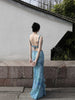 Cold Sea Blue Feather Skirt Azure Ocean Classical Retro Open Back Beach Vacation Slit Dress Set