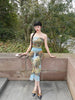 Qingyun Liuquan Skirt Natural Flavour New Chinese Style Retro Oil Painting Off-shoulder Mesh Bust Long Dress