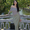 Yanzhu Yaoguang Skirt Light Moonlight Cool Classical New Chinese Style Retro Mesh One-Shoulder Dress