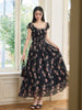 Rose Petite Woman's Charm Date Waist-Cinching A-Line Manor French Retro Floral Dress