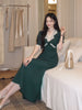 Exquisite Peacock Green Heavyweight Vintage Lace Asymmetrical High-Waist V-Neck Dress