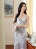 Scholarly silk-like brocade dress with gradient purple and subtle jacquard patterns exuding a gentle and sophisticated charm sling style