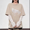 Plus Size Women's Summer Lace Patchwork Printed Short-Sleeve Relaxed Fit T-Shirt Fits 331 lb