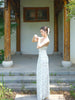 White Ramie Slim-fit Slip Dress Super Ethereal New Chinese-style Retro Floral Print Bodycon