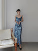 Qing Ji Zhi Yun Skirt Chilly and Touching Fish Sea Blue New Irregular Backless Retro Strap Dress