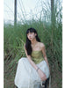 Xiao Ju Chuan Li / Leaf Root Print Cami Asymmetric Top in Spring Green with Embossed Texture and Relief Pattern