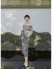 Misty Green Chinese Style One-Shoulder Bell Sleeve Set with Ink Wash Landscape Print