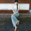 Orchid Vine Moonlit Skirt Classical Rhyme Blue Retro Tie-Dye Island Vacation Style Halter Dress
