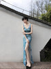 Cold Sea Blue Feather Skirt Azure Ocean Classical Retro Open Back Beach Vacation Slit Dress Set