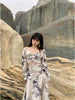 Watercolor Dress Classical Ink Splatter Tie-Dye Slit Design Retro Print Two-Piece Set Summer
