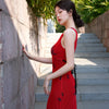 Scarlet Cheongsam with Vermilion Eastern Beauty New Chinese Classical Retro Waist-Tie Slim Dress