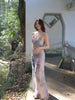 Ji Gray 'Tan' Skirt Soft and Cozy Vintage and Gentle Spaghetti Strap Floral Slim-Fit Waist-Cinching Mermaid Dress
