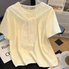 Plus Size Women's Summer New-Style Lace Bow Patchwork Short-Sleeve Relaxed Fit T-Shirt Fits 331 lb