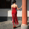 Red Silk Dragon Pattern Skirt Crimson New Chinese Classical Elegant Retro Strapless Waist-hugging Dress
